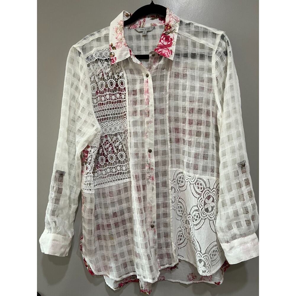White Sheer Lace Floral Crane embroidery button down shirt Art Boho Romantic L - Picture 4 of 16